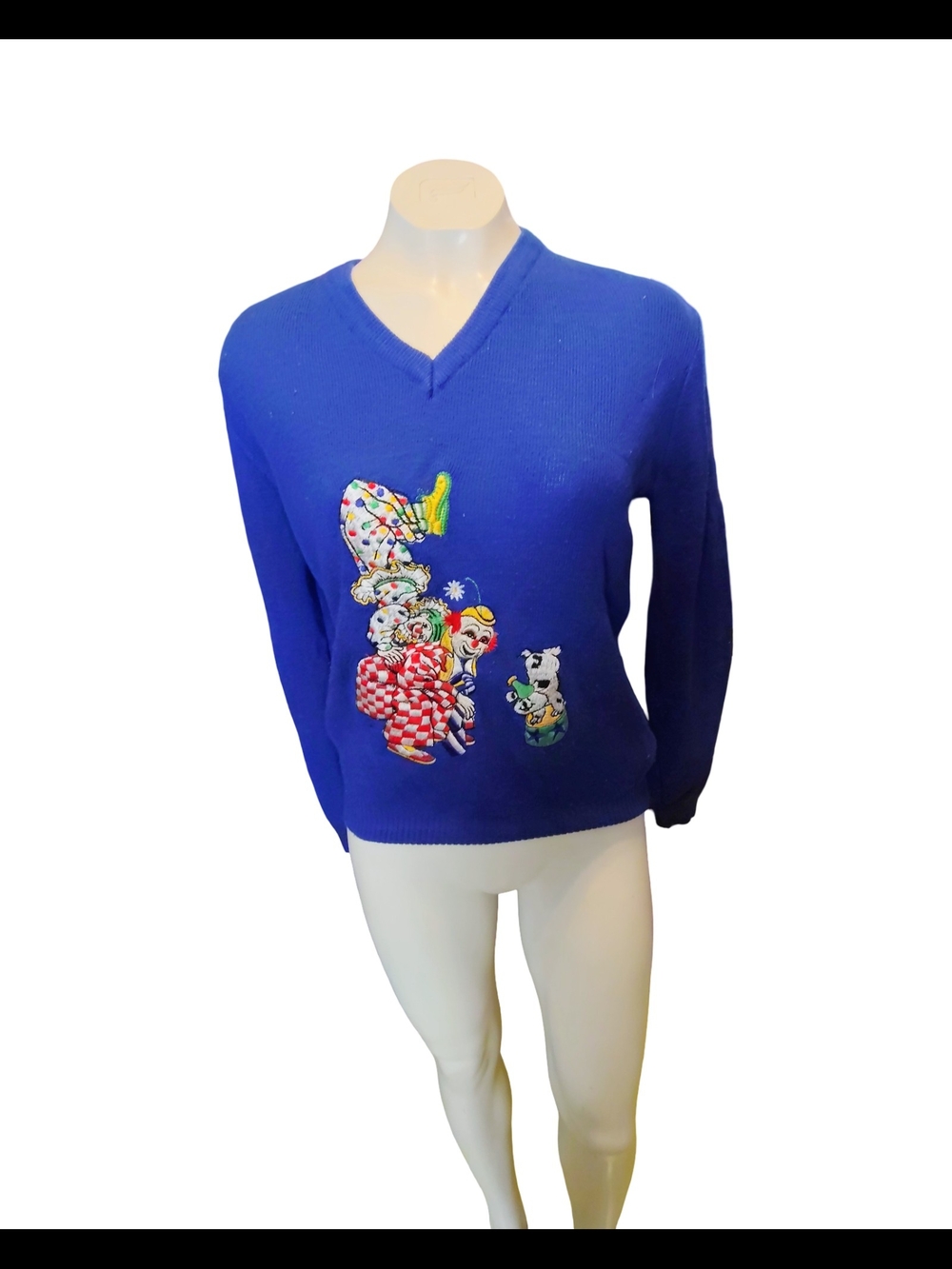 Royal Blue Vintage V-Neck Sweater with Playful Embroidered Motif